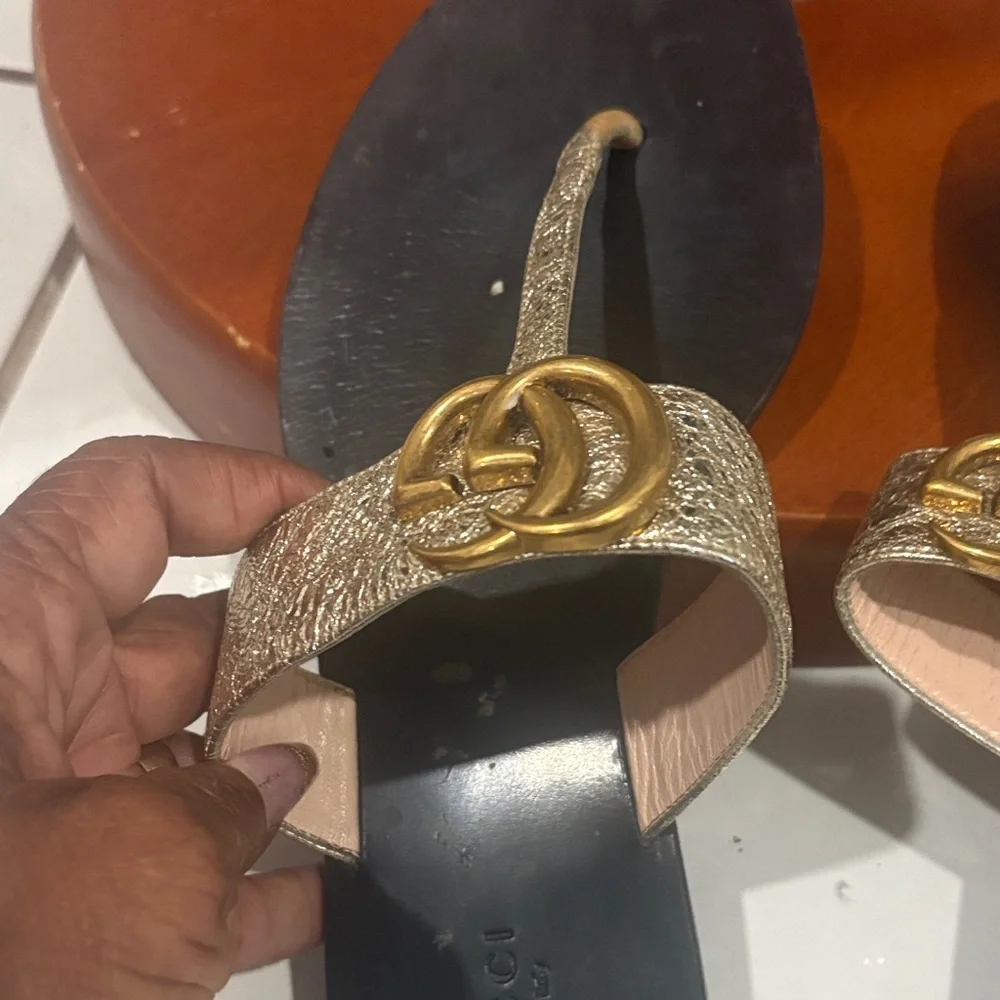 Gucci Black Footbed Sandals with Gold Metallic Straps